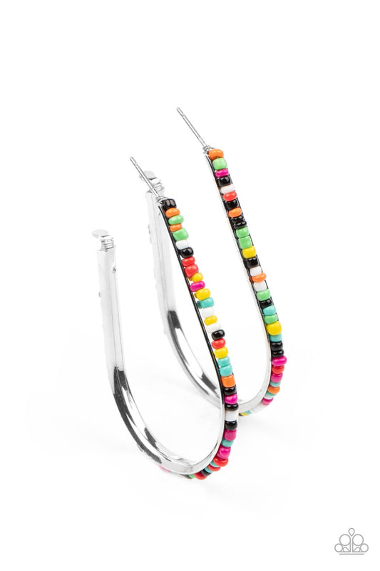 A dainty collection of multicolored seed beads embellish the beveled spine of a silver hook shaped hoop, creating a trendy pop of color. Hoop measures approximately 1 1/2" in diameter. Earring attaches to a standard post fitting.