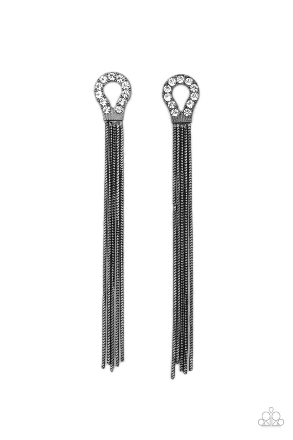 A glistening curtain of round gunmetal snake chains stream out from the bottom of a dainty horseshoe frame adorned in glassy white rhinestones, creating a tantalizing tassel. Earring attaches to a standard post fitting.