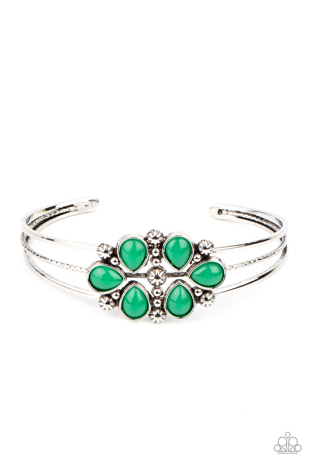 A whimsical collection of glassy Leprechaun teardrop beads, dainty silver studs, and silver floral accents coalesce into a colorful centerpiece atop a layered silver cuff.