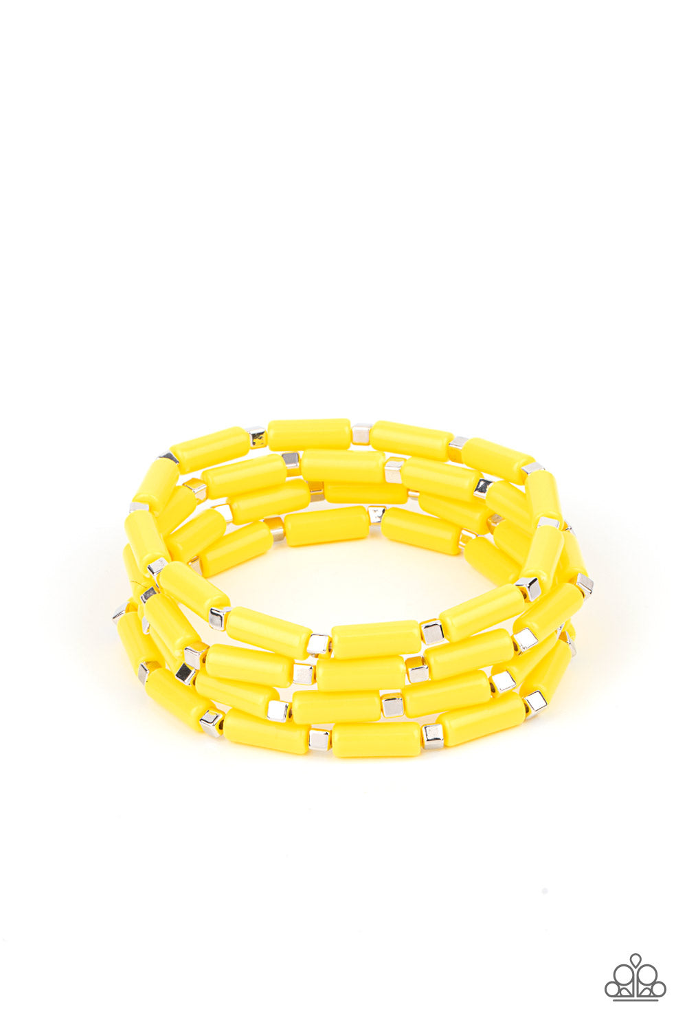 A playful collection of dainty silver cube beads and cylindrical Illuminating beads are threaded along stretchy bands, creating colorful layers around the wrist.
