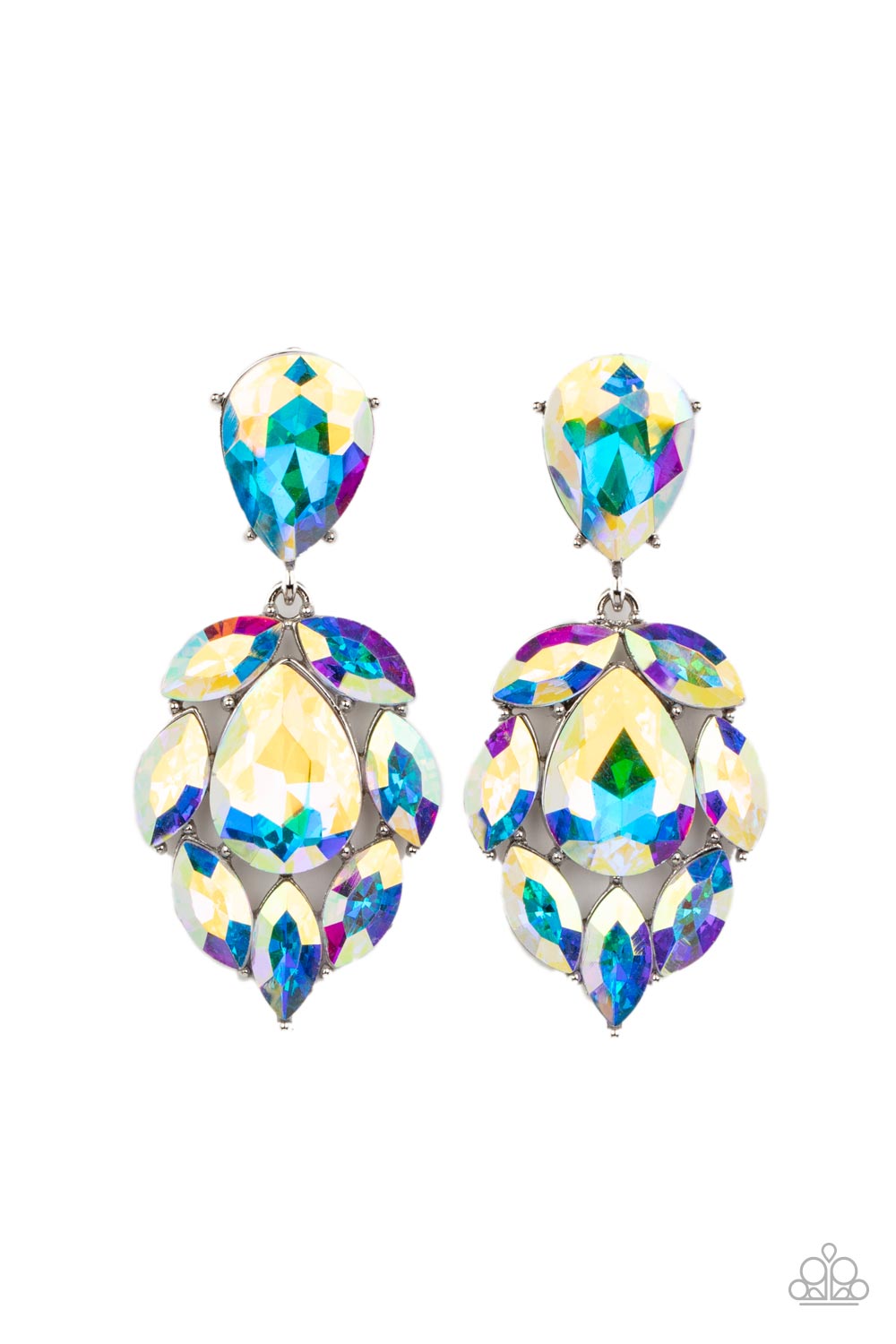 A stellar collection of marquise cut iridescent rhinestones nestle around an oversized teardrop iridescent rhinestone, creating a dramatically stellar display at the bottom of a matching oil spill teardrop rhinestone. Earring attaches to a standard post fitting.