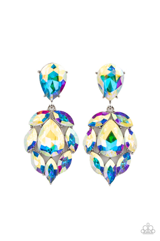 A stellar collection of marquise cut iridescent rhinestones nestle around an oversized teardrop iridescent rhinestone, creating a dramatically stellar display at the bottom of a matching oil spill teardrop rhinestone. Earring attaches to a standard post fitting.