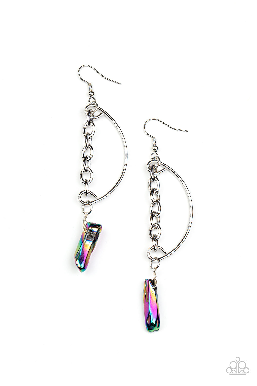 Featuring an oil spill finish, a raw rock-like bead swings from the bottom of a solitaire silver chain that attaches to a bowing silver bar for an edgy look. Earring attaches to a standard fishhook fitting. As the stone elements in this piece are natural, some color variation is normal