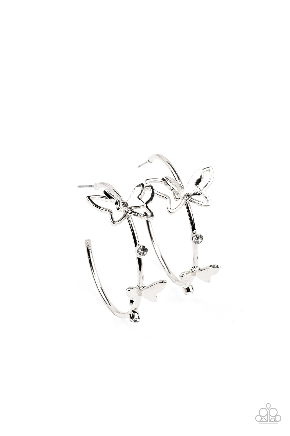 A pair of dainty silver butterflies flutter atop a glistening silver hoop dotted with dainty white rhinestones, creating a whimsical sight. Earring attaches to a standard post fitting. Hoop measures approximately 1 1/2" in diameter.