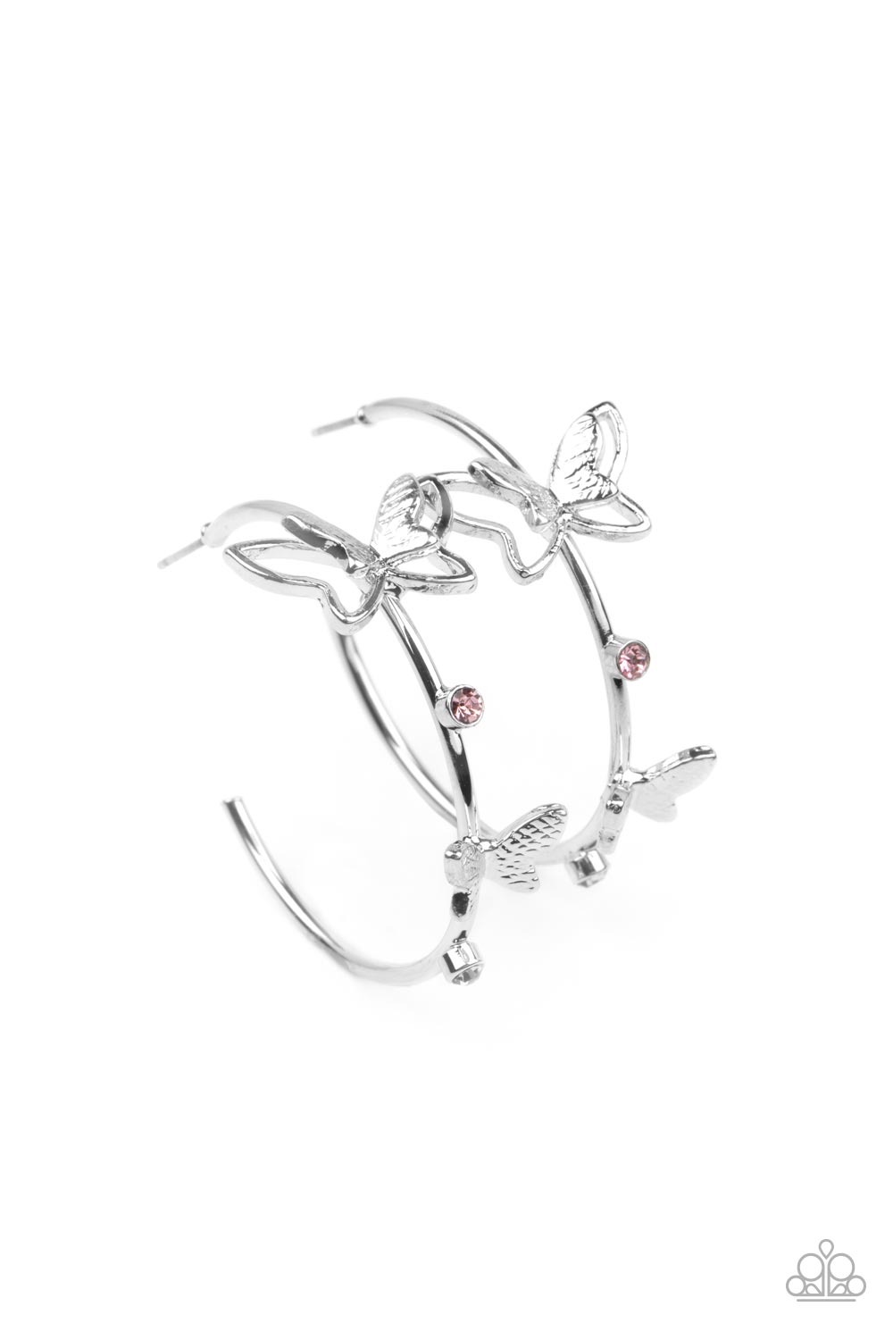A pair of dainty silver butterflies flutter atop a glistening silver hoop dotted with dainty pink rhinestones, creating a whimsical sight. Earring attaches to a standard post fitting. Hoop measures approximately 1 1/2" in diameter.