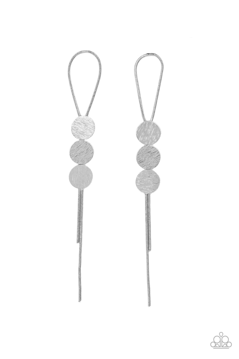 A silver loop of round snake chain is held in place by a trio of scratched silver discs, creating a trendy bolo-like lure. Earring attaches to a standard post fitting.