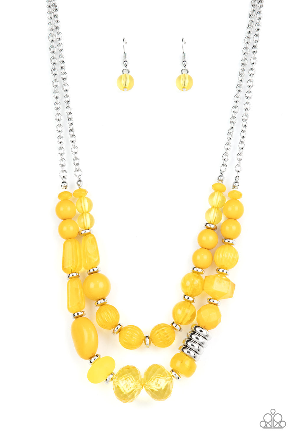 Varying in shape, size, and opacity, a refreshing collection of mustard yellow acrylic and crystal-like beads join silver discs along invisible wires that flawlessly layer below the collar for an earthy pop of color. Features an adjustable clasp closure.
