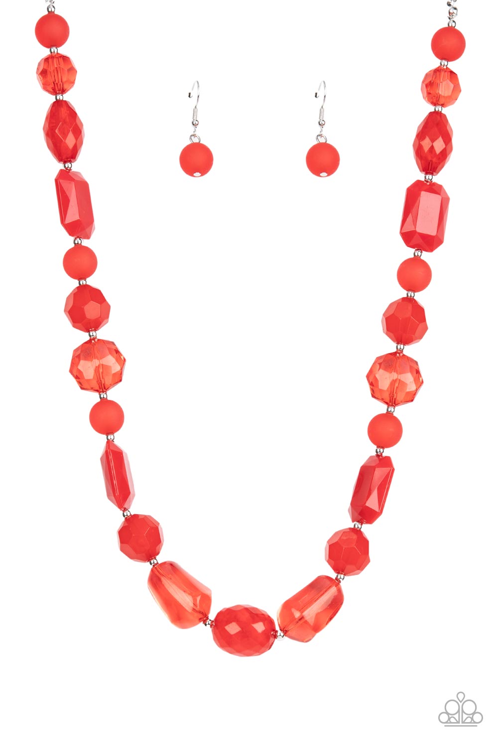 Varying in shape and opacity, a mismatched display of acrylic, opaque, and crystal-like red beads alternate with dainty silver beads across the chest for a prismatic pop of color. Features an adjustable clasp closure.