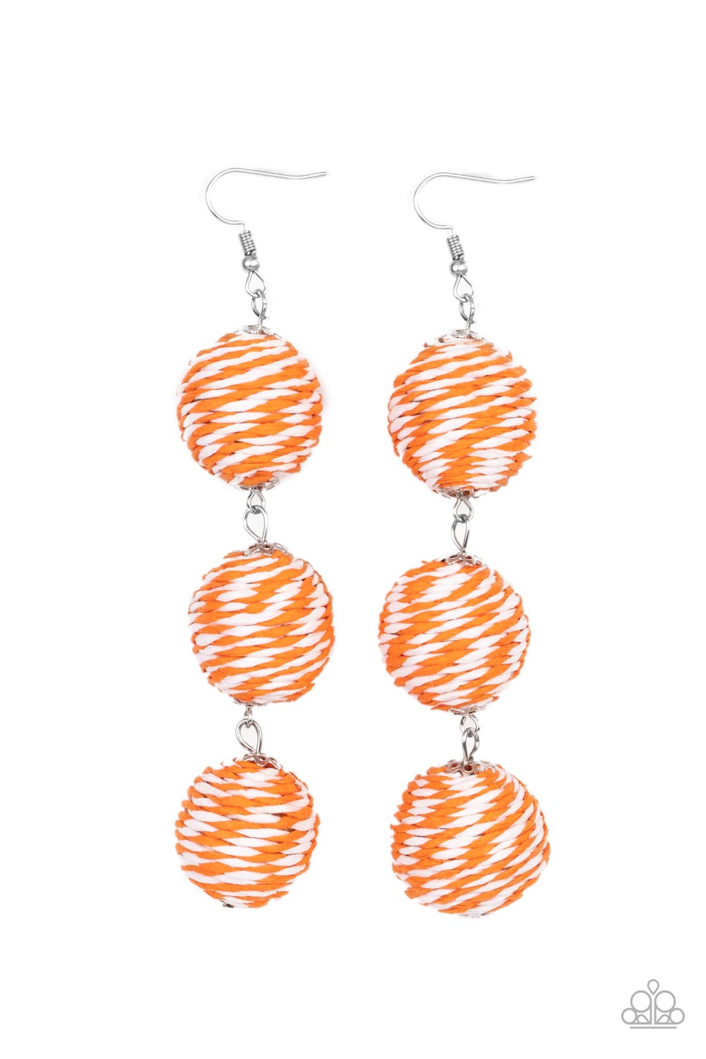 A woven collection of orange and white crepe-like strings ornately wraps around three hanging beads, reminiscent of decorative party lanterns. Earring attaches to a standard fishhook fitting.