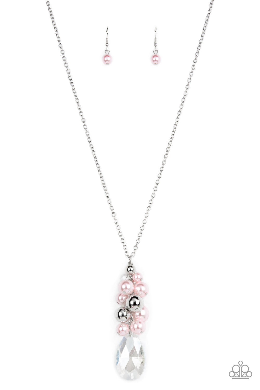 Featuring an iridescent shimmer, a dramatically oversized crystal-like teardrop swings from the bottom of a cluster of shiny silver, pearly white, and crystal-like beads, creating a dazzling pendant at the bottom of a lengthened silver chain. Features an adjustable clasp closure.