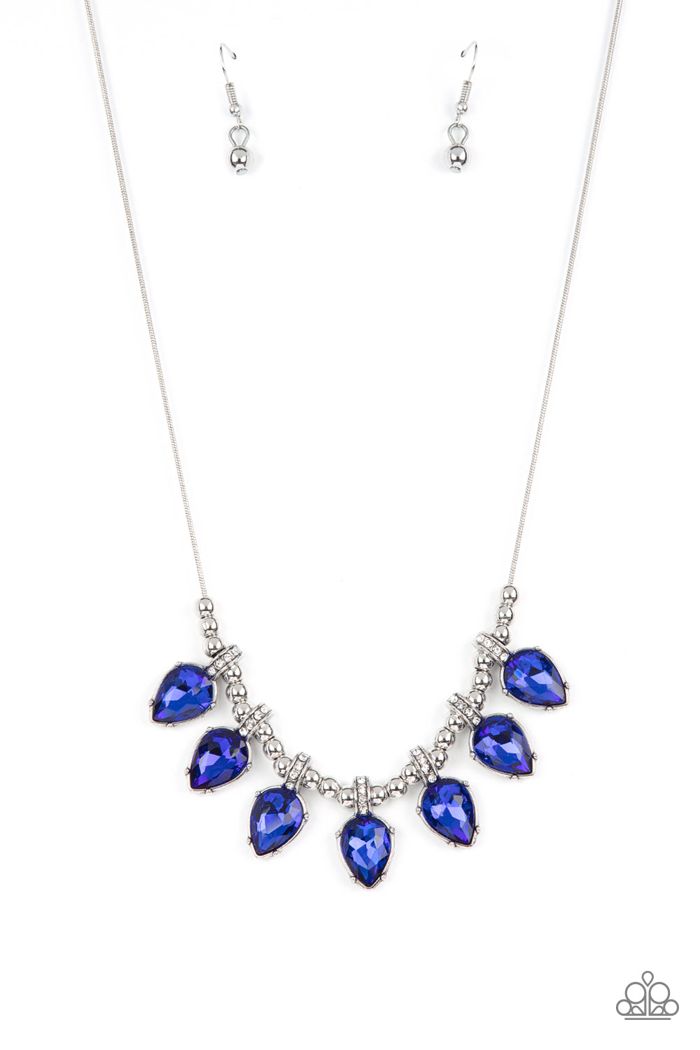 Featuring glittery white rhinestone fittings, an oversized collection of glittery blue teardrop gems are separated by trios of shiny silver beads along a round silver snake chain below the collar for a glamorous fringe. Features an adjustable clasp closure..