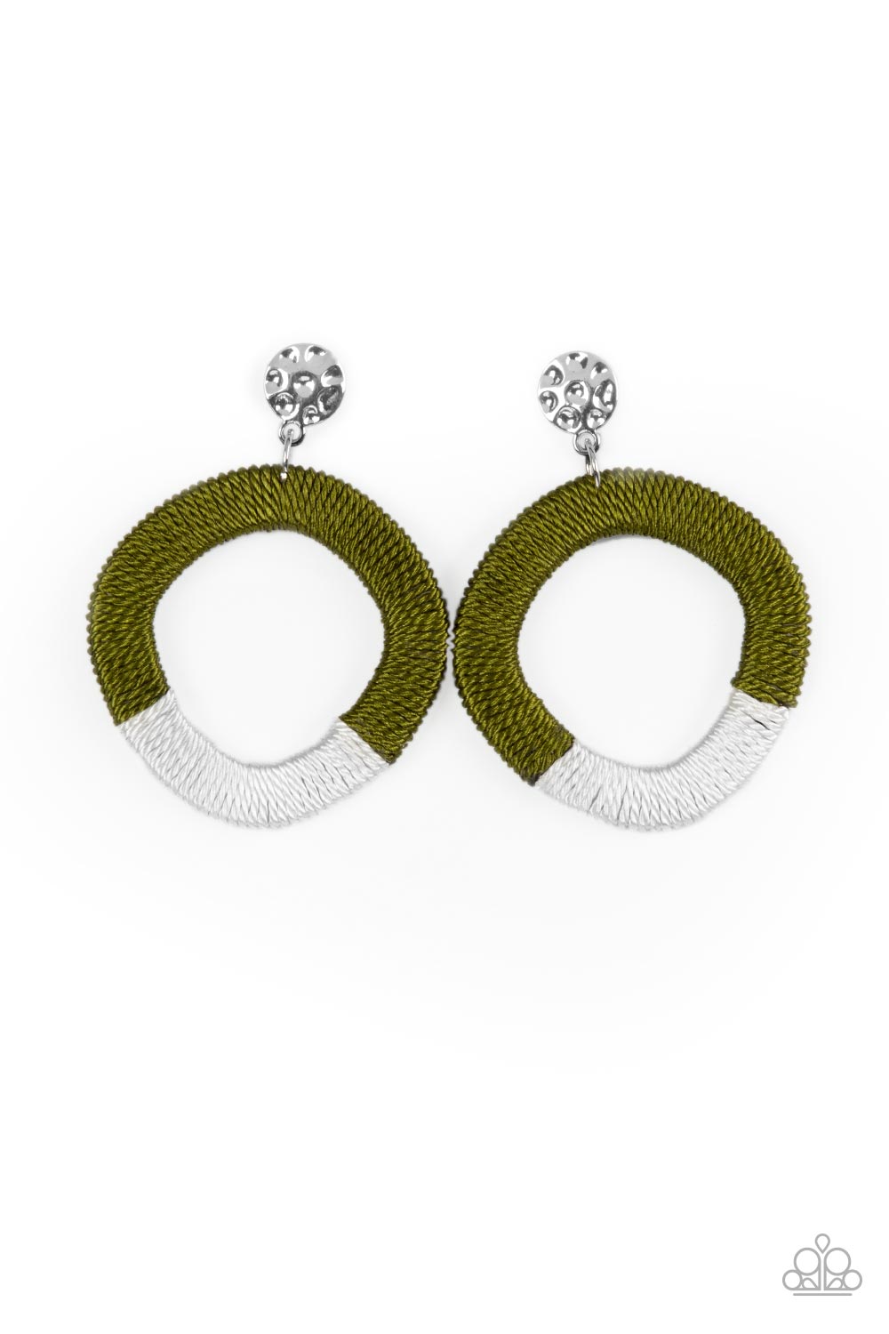 A hammered silver disc gives way to a wooden frame decoratively wrapped in shiny white and Olive Branch threaded accents, creating a colorful lure. Earring attaches to a standard post fitting.