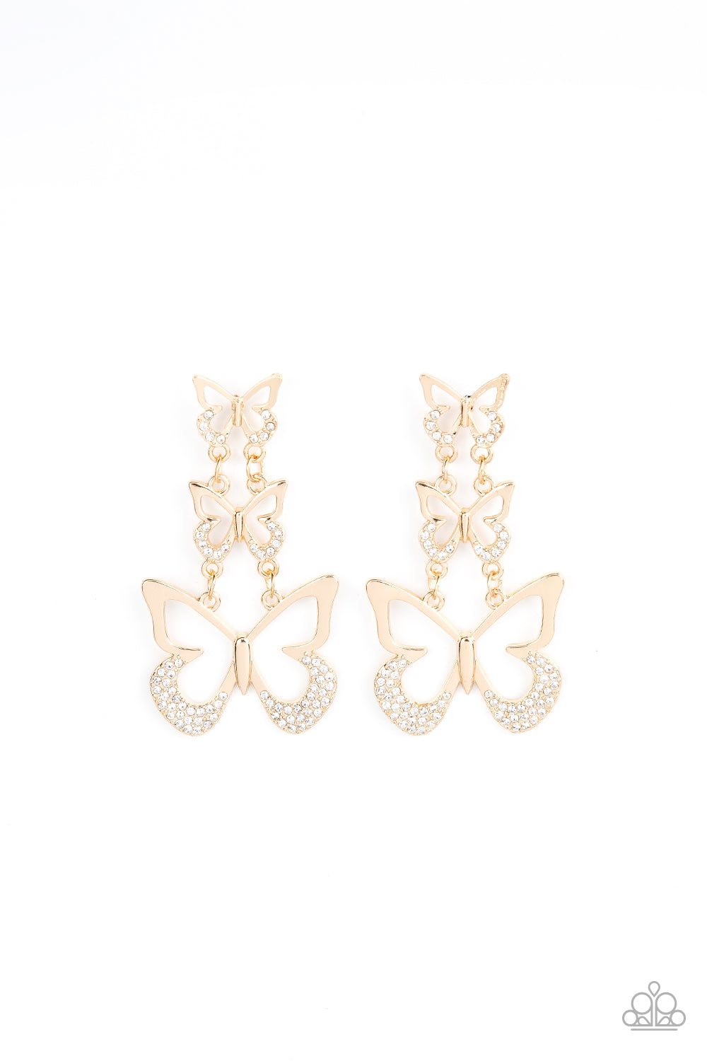 An airy trio of gold butterflies gradually increase in size as they link into a whimsical lure. The bottom of each butterfly has been dipped in white rhinestones, adding a glitzy finish to the fluttering centerpiece. Earring attaches to a standard post fitting.