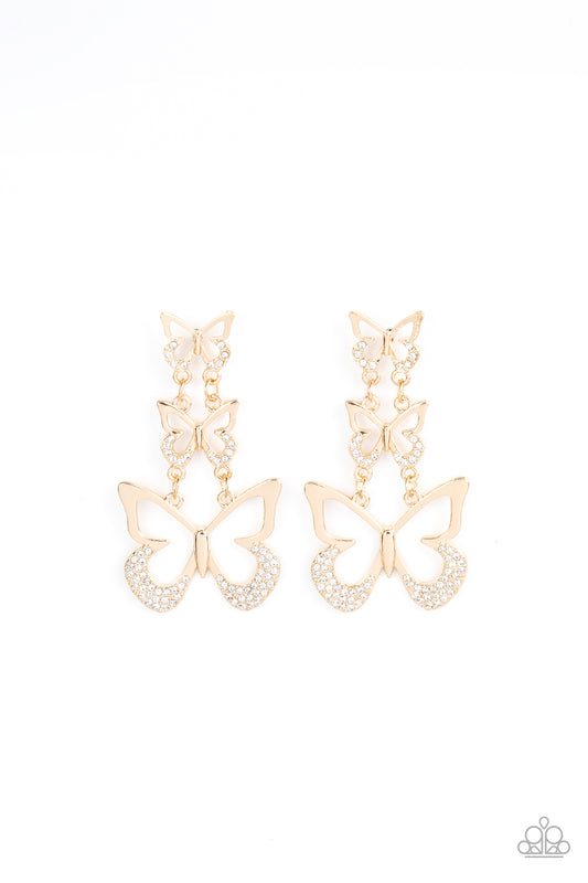 An airy trio of gold butterflies gradually increase in size as they link into a whimsical lure. The bottom of each butterfly has been dipped in white rhinestones, adding a glitzy finish to the fluttering centerpiece. Earring attaches to a standard post fitting.