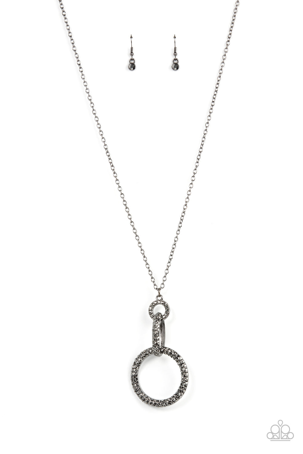 Encrusted with smoky hematite rhinestones, mismatched gunmetal rings, oval fittings, and an oversized hoop delicately link into a smoldering pendant as the bottom of an extended gunmetal chain. Features an adjustable clasp closure