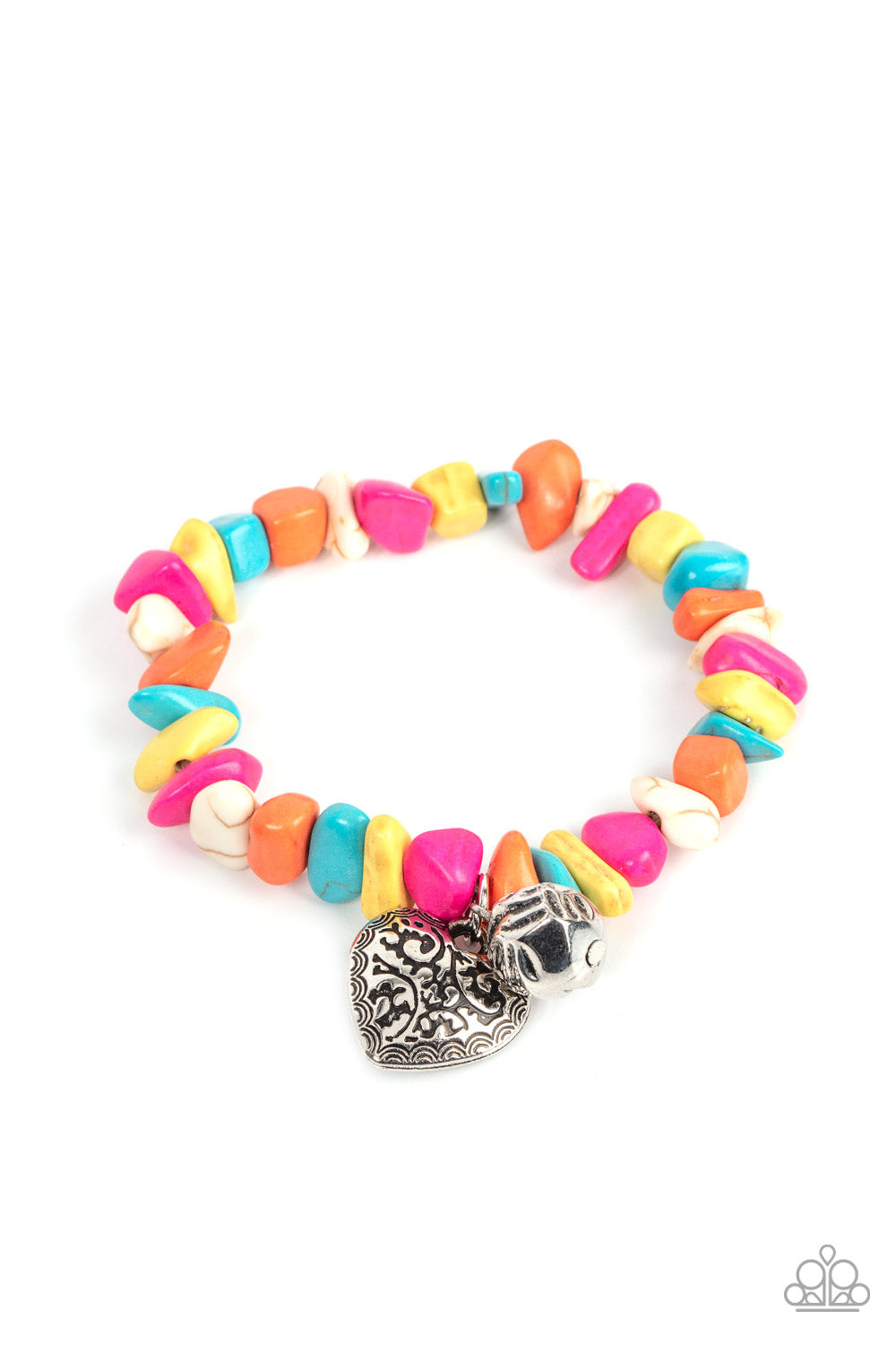 Infused with a hammered silver bead and a decorative silver heart charm, an earthy collection of multicolored pebbles are threaded along a stretchy band around the wrist for a whimsical fashion.
