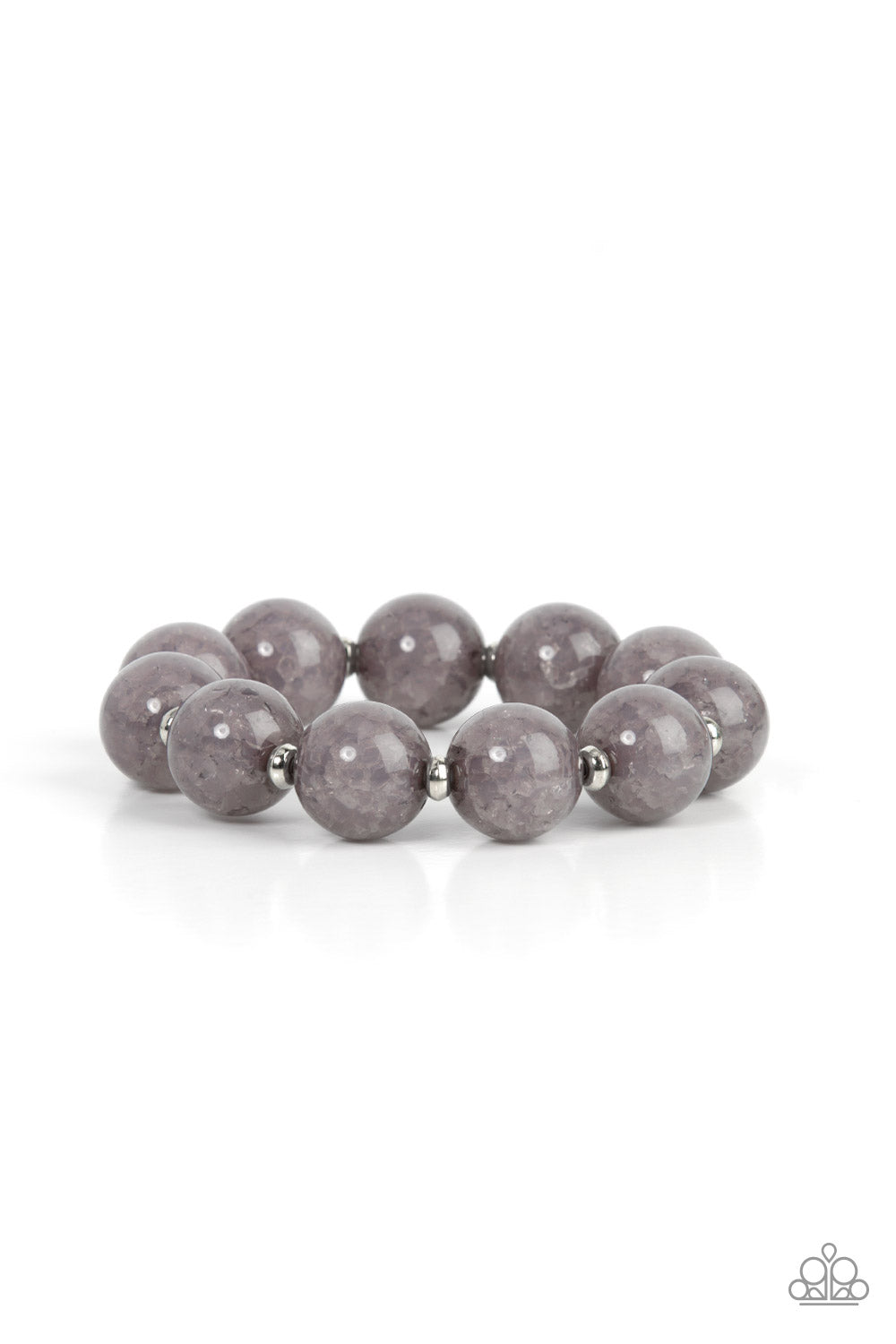 Infused with dainty silver accents, an oversized collection of crackly gray glass-like beads are threaded along stretchy bands around the wrist for an icy look.