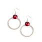 An oversized red gem sits atop a silver hoop with an inner ring encrusted in glitzy white rhinestones, resulting in a timeless twinkle. Earring attaches to a standard fishhook fitting.