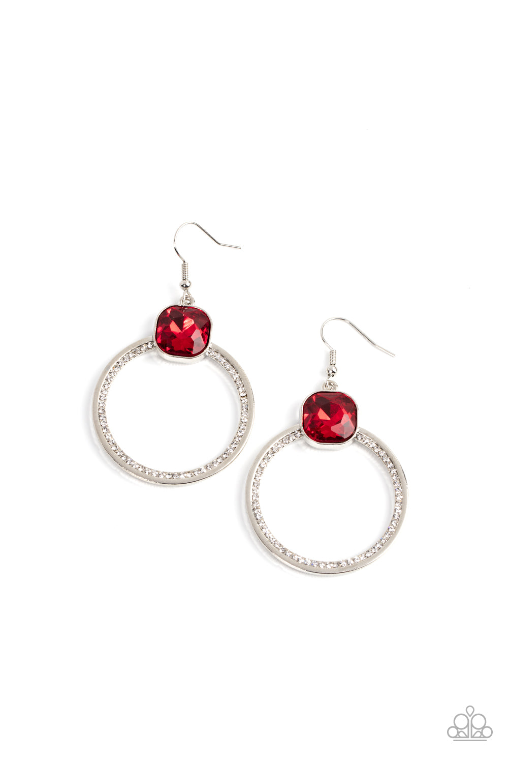An oversized red gem sits atop a silver hoop with an inner ring encrusted in glitzy white rhinestones, resulting in a timeless twinkle. Earring attaches to a standard fishhook fitting.