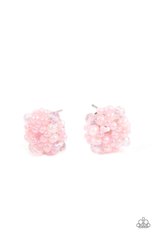 The front of a dainty silver frame is embellished in pearly pink seed beads and pink crystal-like accents, creating a bubbly pop of color. Earring attaches to a standard post fitting.