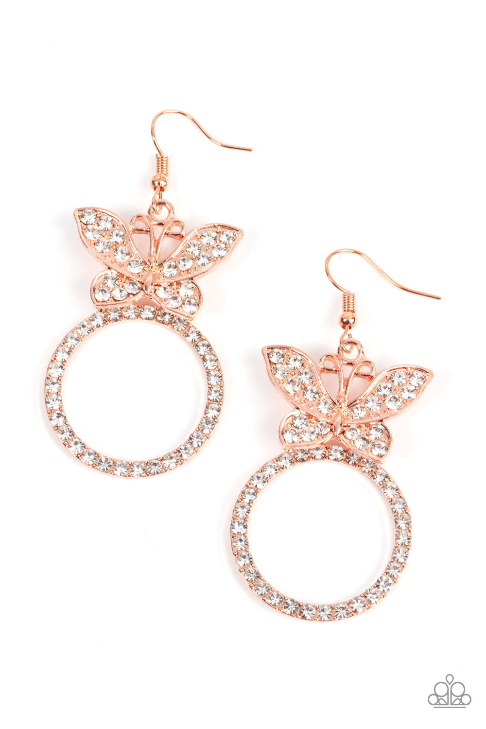 A white rhinestone encrusted shiny copper butterfly flutters atop a shiny copper ring dotted in matching white rhinestones, resulting in a dazzling statement piece. Earring attaches to a standard fishhook fitting.