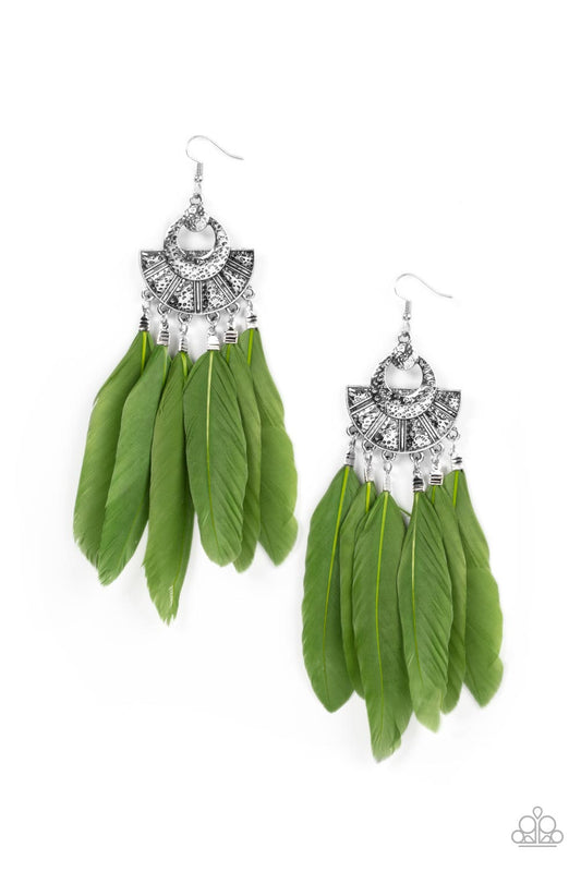 Oversized green feathers swing from the bottom of an ornately hammered and stacked silver frame, resulting in a flirtatiously colorful fringe. Earring attaches to a standard fishhook fitting.