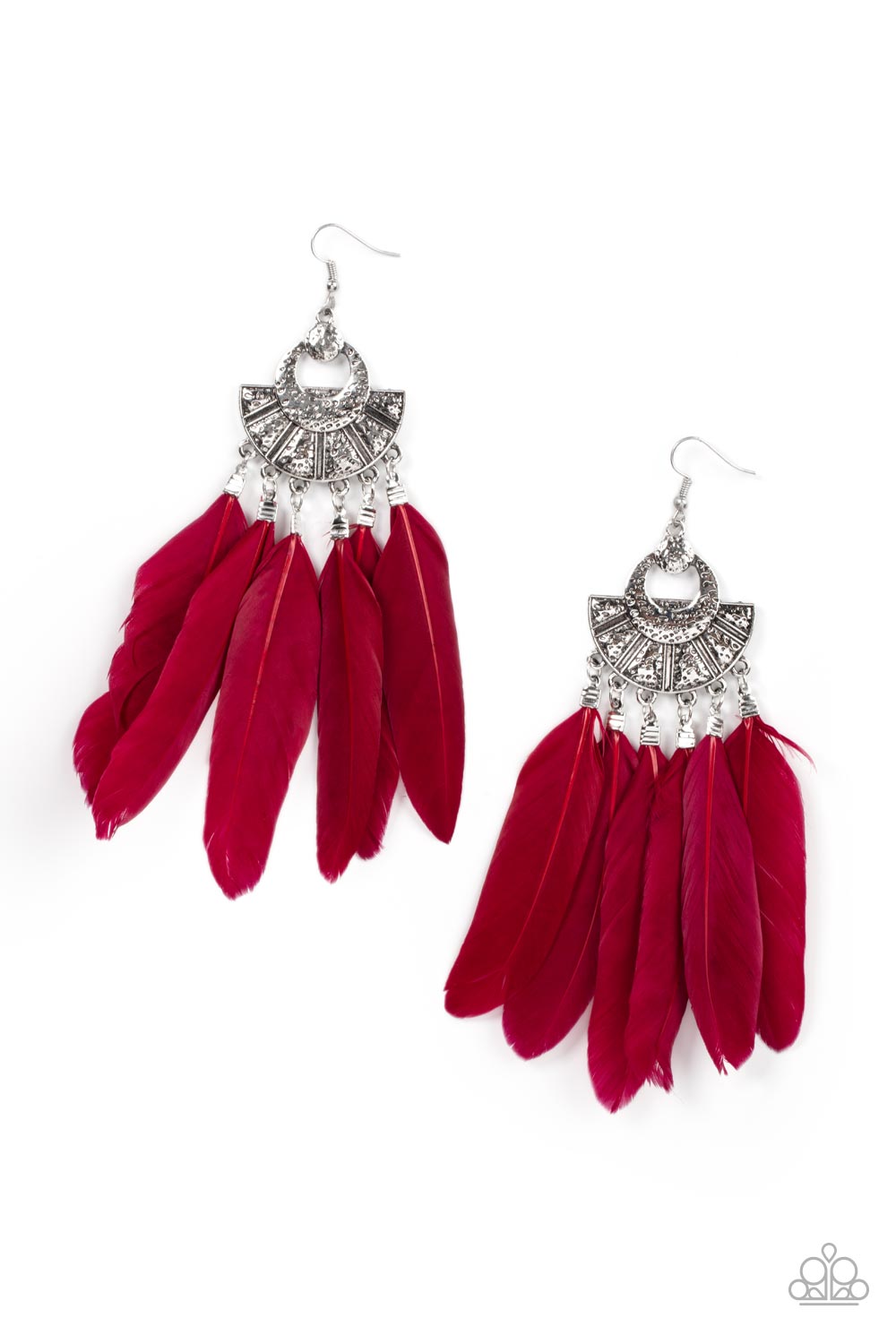 Oversized red feathers swing from the bottom of an ornately hammered and stacked silver frame, resulting in a flirtatiously colorful fringe. Earring attaches to a standard fishhook fitting.