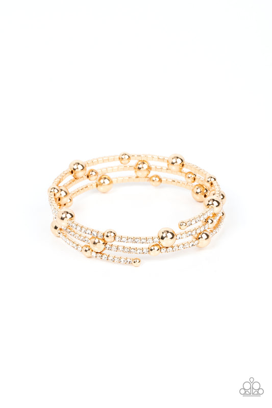 Spontaneously interrupted by glistening gold beads, a sparkly strand of white rhinestones coils around the wrist, resulting in an irresistible infinity wrap bracelet.
