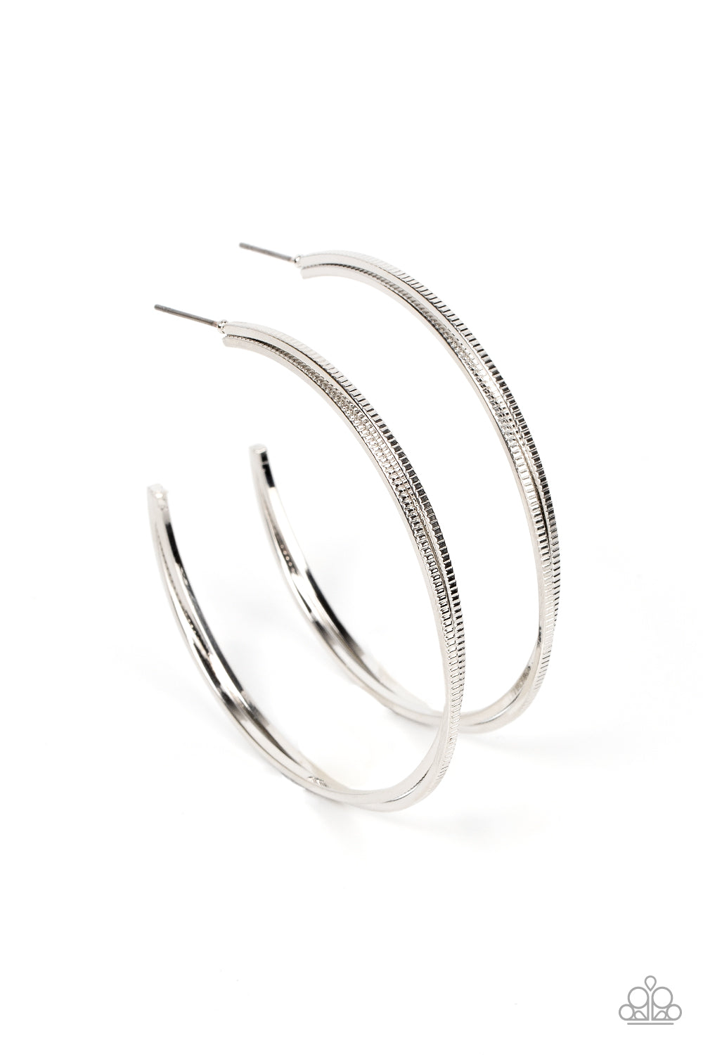 Etched in ribbed texture, two glistening silver bars gently curve and stack into an oversized hoop for a classic metallic look. Earring attaches to a standard post fitting. Hoop measures approximately 2" in diameter.