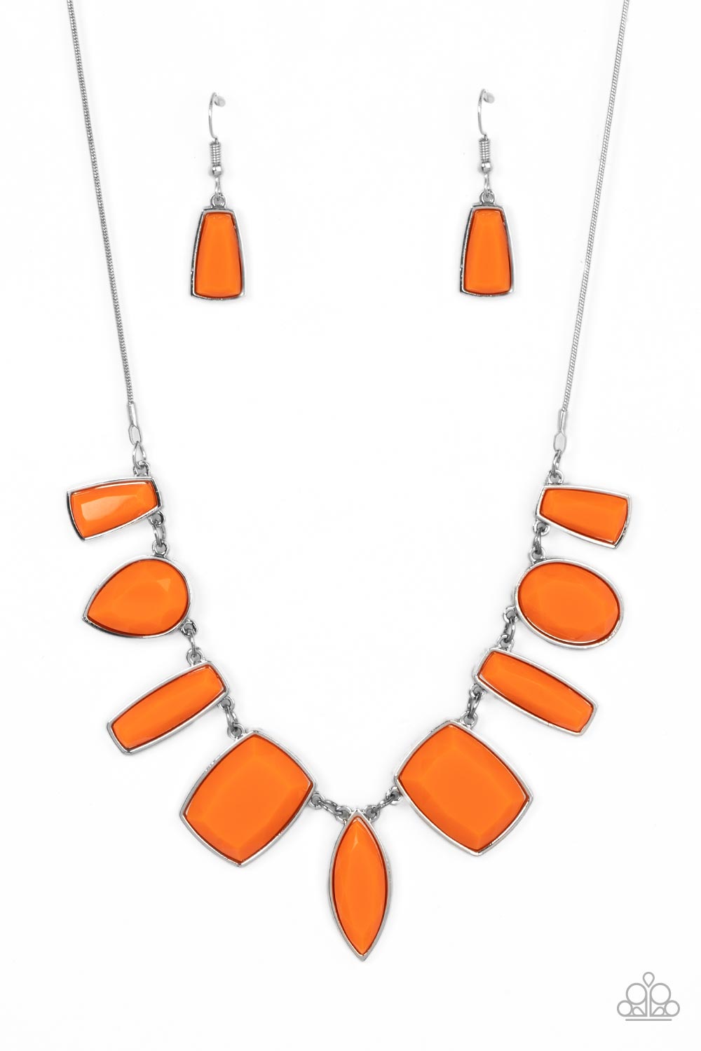 Encased in sleek silver fittings, a faceted assortment of teardrop, marquise, and emerald cut orange beads fan out below the collar for a bold pop of color. Features an adjustable clasp closure.  Sold as one individual necklace. Includes one pair of matching earrings.