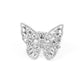 A glitzy collection of emerald cut rhinestones are sprinkled across the studded wings of a shiny silver butterfly, resulting in a whimsical centerpiece atop the finger. Features a stretchy band for a flexible fit.