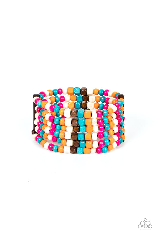 Held together with rectangular wooden frames, a colorful collection of orange, blue, brown, white, and Fuchsia Fedora cube and round wooden beads are threaded along stretchy bands around the wrist for a splash of tropical inspiration.