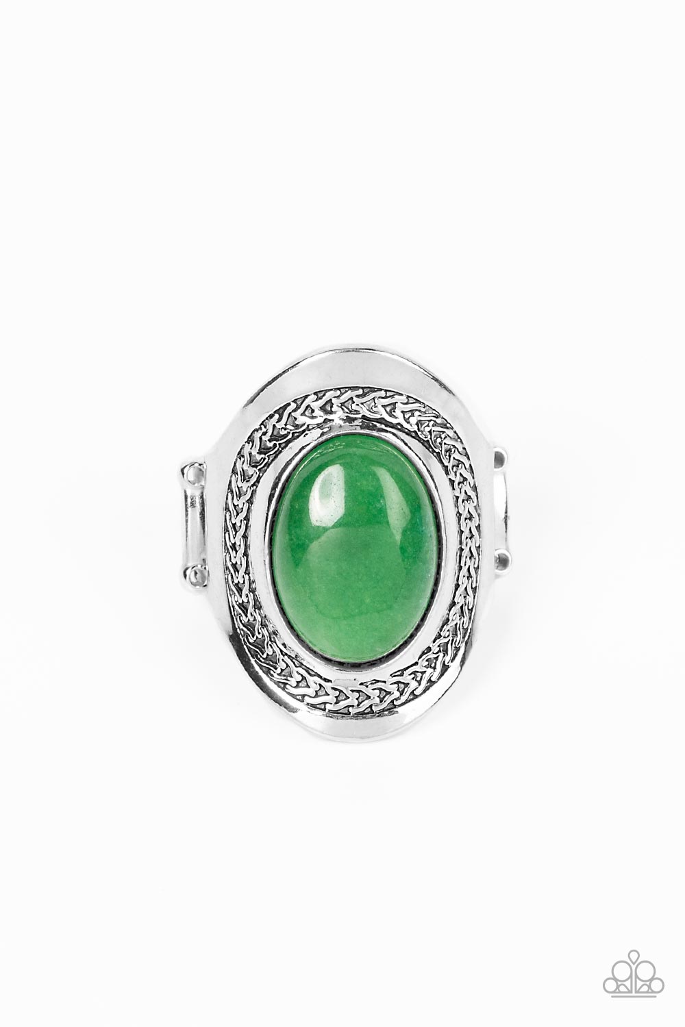 Bordered in a frame of chain-like details, an oval jade stone is pressed into the center of an oval silver frame as it folds around the finger for an enchantingly earthy look. Features a stretchy band for a flexible fit.
