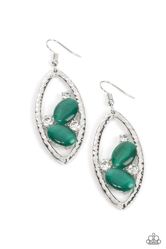 Infused with glassy white rhinestones, a pair of green oval cat's eye stones nestle inside of a hammered silver frame for a fashionable finish. Earring attaches to a standard fishhook fitting.  Sold as one pair of e