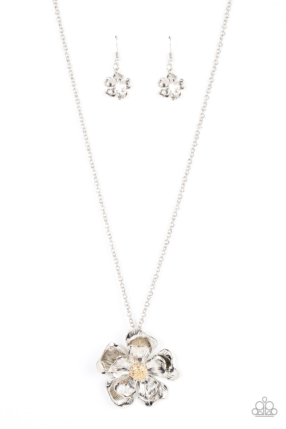 Layers of scalloped and textured silver petals bloom from a studded gold beaded center. The oversized flower swings from the bottom of an extended silver chain, resulting in an eye-catching floral pendant. Features an adjustable clasp closure.  Sold as one individual necklace. Includes one pair of matching earrings