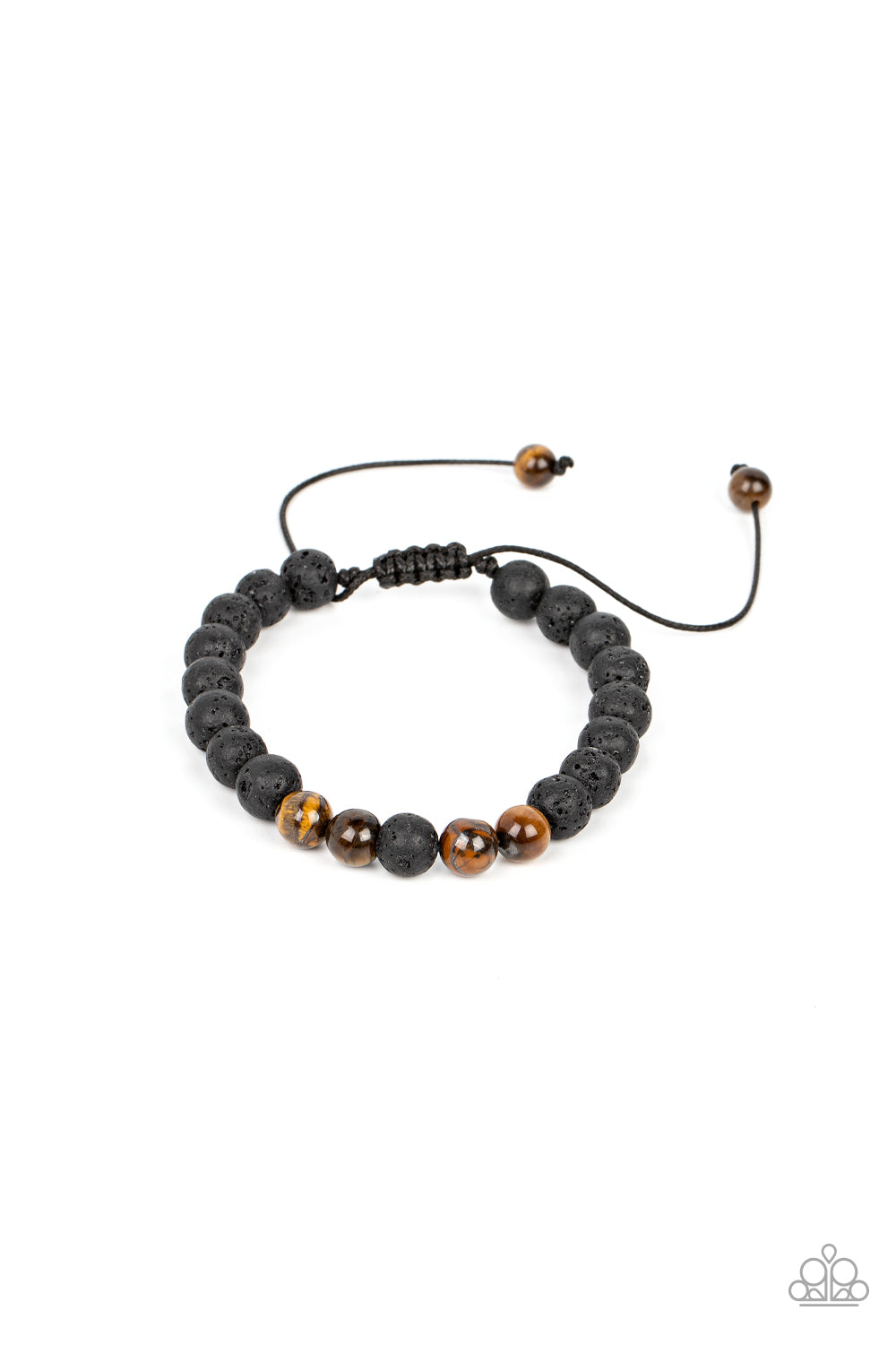 An earthy collection of black lava rock and tiger's eye stone beads are threaded along a black cord around the wrist, resulting in a seasonal pop of color. Features an adjustable sliding knot closure.
