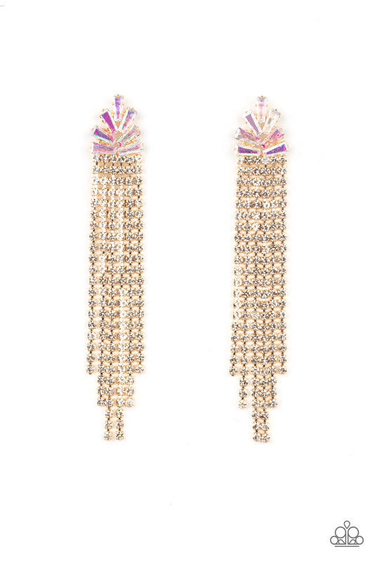 Sparkly strands of dainty white rhinestones stream out from the bottom of a gold frame made up of a staggered collection of iridescent and trapezoidal cut rhinestones, resulting in a timeless tassel. Earring attaches to a standard post fitting.