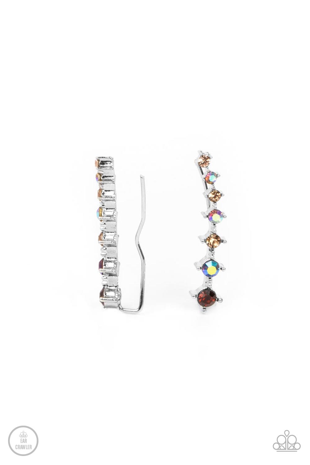 An iridescent spectrum of dainty topaz rhinestones gradually increase in intensity as they climb the ear for a stellar fashion. Features an extended post fitting that climbs the back of the ear and can be pressed together for a more secure fit.
