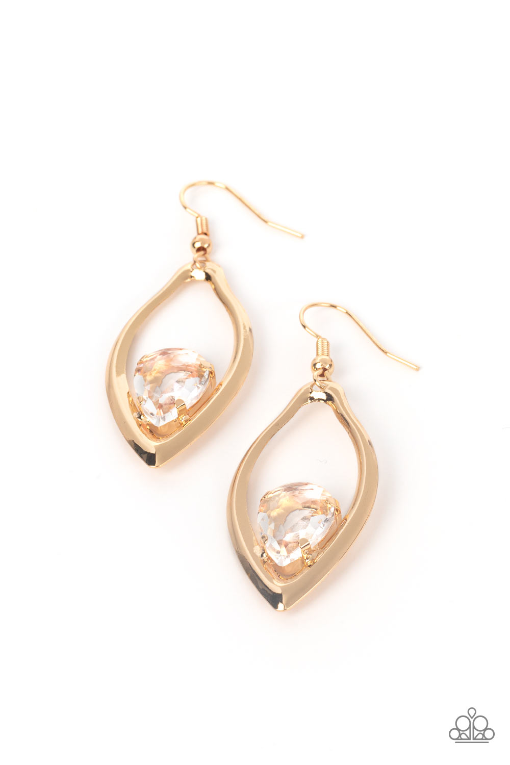 A golden teardrop gem is nestled inside the bottom of a warped gold frame, culminating into an edgy sparkle. Earring attaches to a standard fishhook fitting.