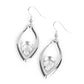 A glassy white teardrop gem is nestled inside the bottom of a warped silver frame, culminating into an edgy sparkle. Earring attaches to a standard fishhook fitting.
