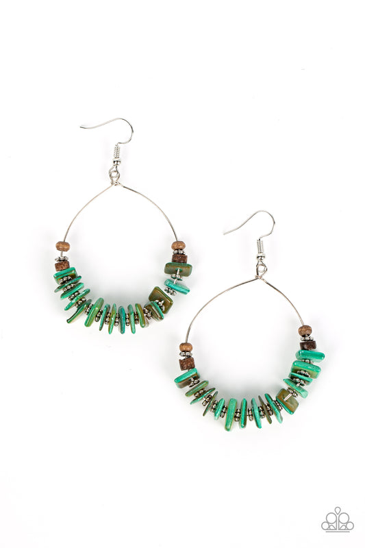 Infused with earthy wooden accents, studded silver rings and pieces of green shell-like pebbles alternate along a dainty wire hoop for a tropical inspiration. Earring attaches to a standard fishhook fitting.