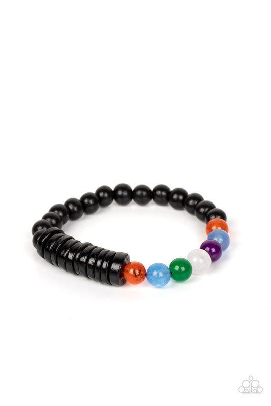 Infused with black wooden discs and beads, a glassy collection of rainbow-colored beads are threaded along stretchy bands around the wrist for an adventurous pop of color.