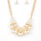 Separated by rectangular gold frames, bubbly rows of classic and oversized white pearls are threaded along invisible wires at the bottom of a chunky gold chain for an effervescent explosion below the collar. Features an adjustable clasp closure.  Sold as one individual necklace. Includes one pair of matching earrings.
