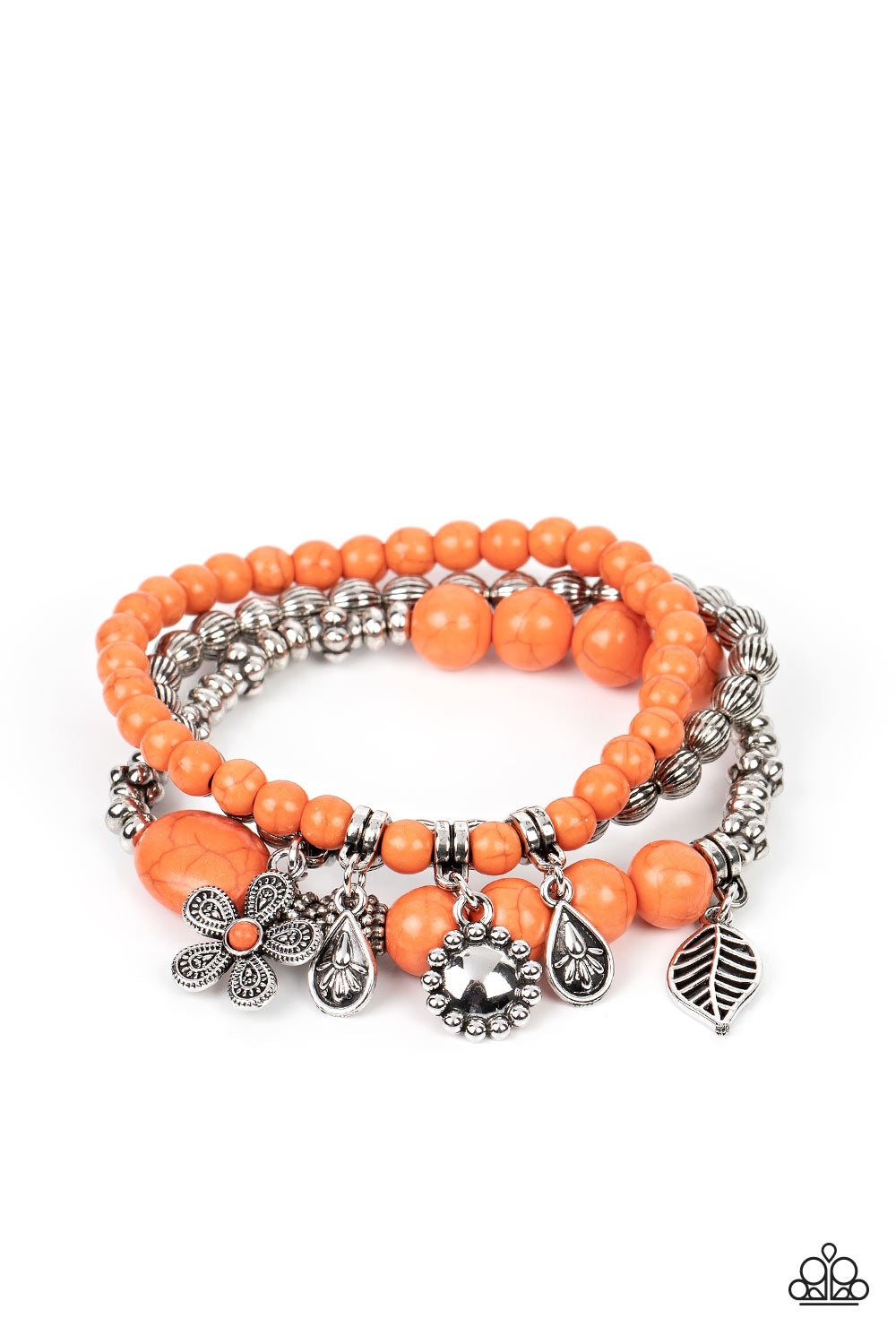 A trio of floral-inspired bracelets, featuring comfortable stretchy bands and smooth orange stones, stack along the wrist to create a bold statement piece
