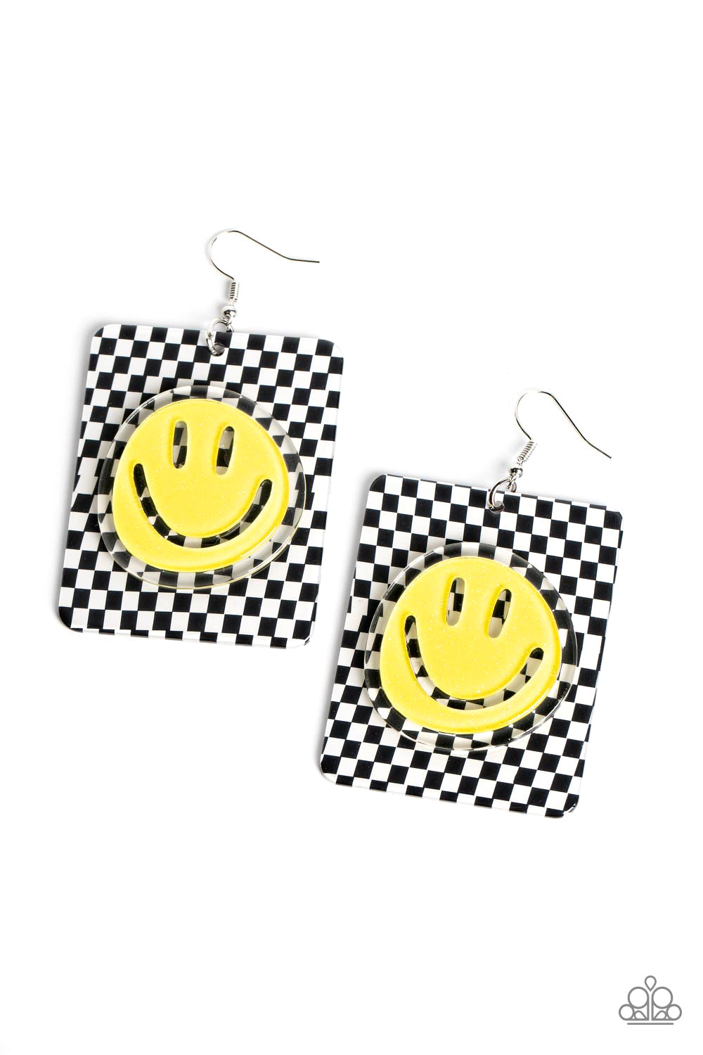 Set against a trendy, checkerboard backdrop, an oversized, sparkly, yellow smiley face stands out for a cheerfully captivating statement piece near the ear. Earring attaches to a standard fishhook fitting.