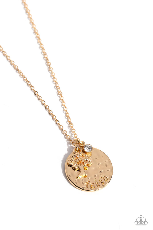 Hanging down the neckline, a gold disc, hammered in a high-sheen finish features the stamped word "faith". Gliding from a dainty gold chain, a detailed tree charm and a dainty white rhinestone pressed into a gold frame finish the design with a sparkly flourish. Features an adjustable clasp closure.