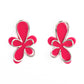 Overlapping a hot pink abstract acrylic flower, a silver outline in the same abstract floral shape glimmers atop the pop of color for a three-dimensional fashionable lure. Earring attaches to a standard post fitting.