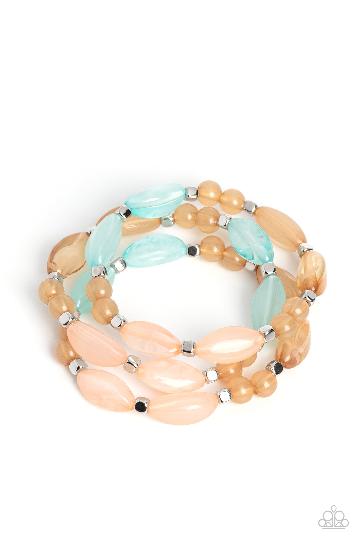 Shiny silver cubed accents, cloudy, milky, light blue, light pink, and peach oval beads and milky peach beads wrap around the wrist on stretchy bands, creating colorful layers.