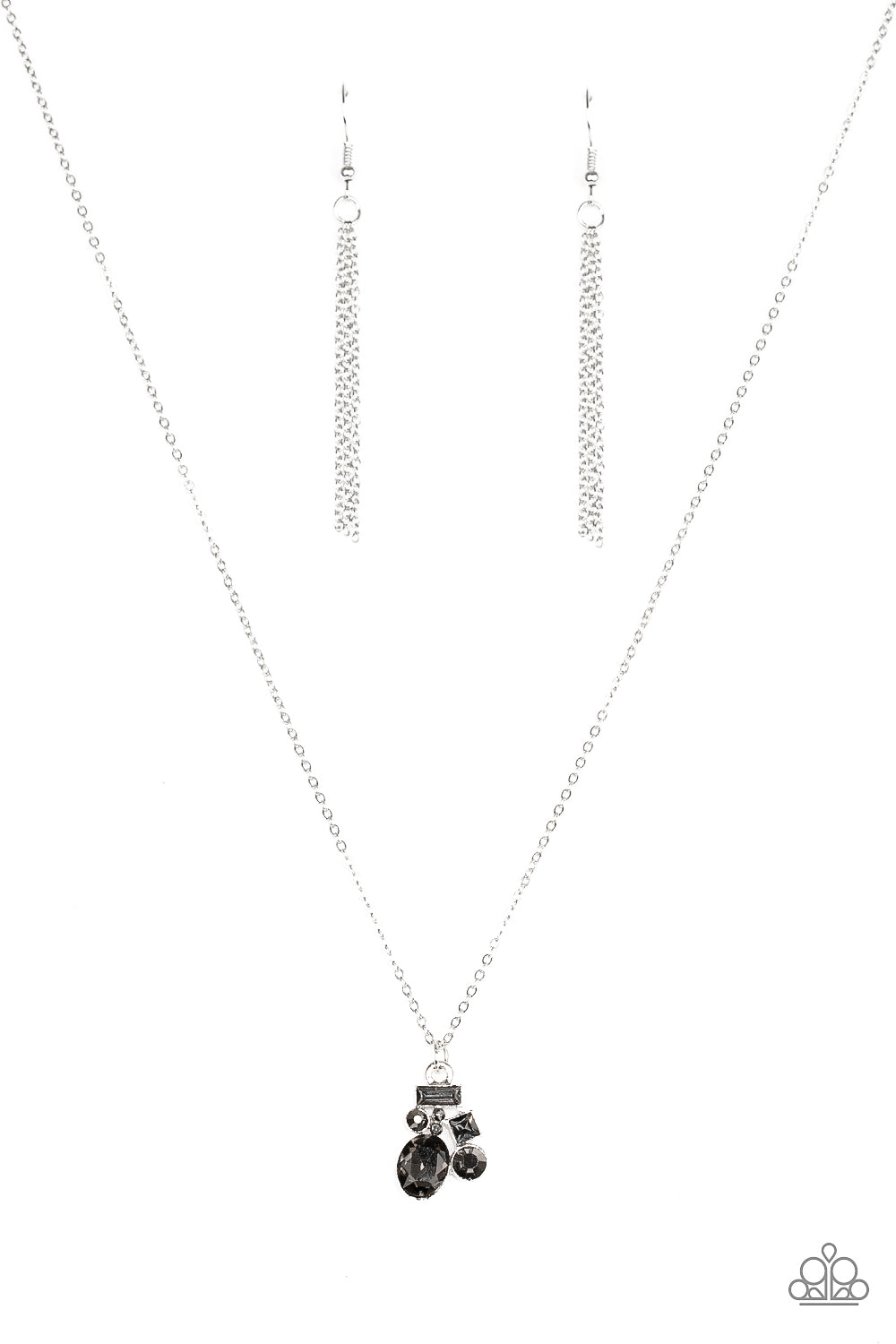 Varying in shape and size, smoky and hematite rhinestones coalesce into a sparkling pendant below the collar for a timeless look. Features an adjustable clasp closure.