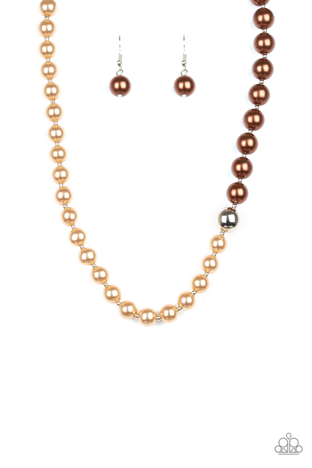 Separated by dainty silver beads, golden brown pearls merge into dark brown pearls for a contemporary look. Infused with a shiny silver bead, the timeless pearls collect below the collar for a refined asymmetrical look. Features an adjustable clasp closure.